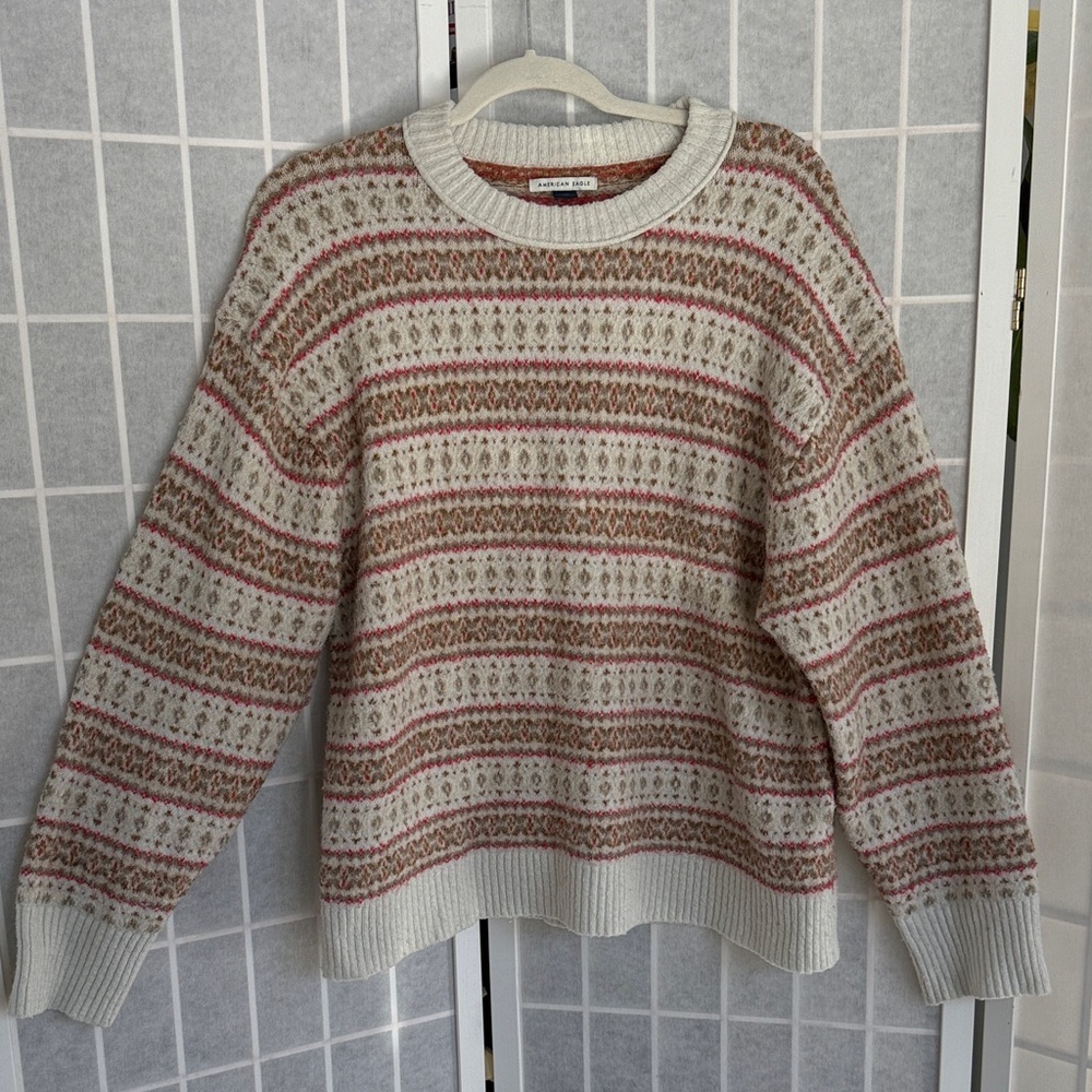American Eagle Outfitters Cream and Red Patterned Sweater